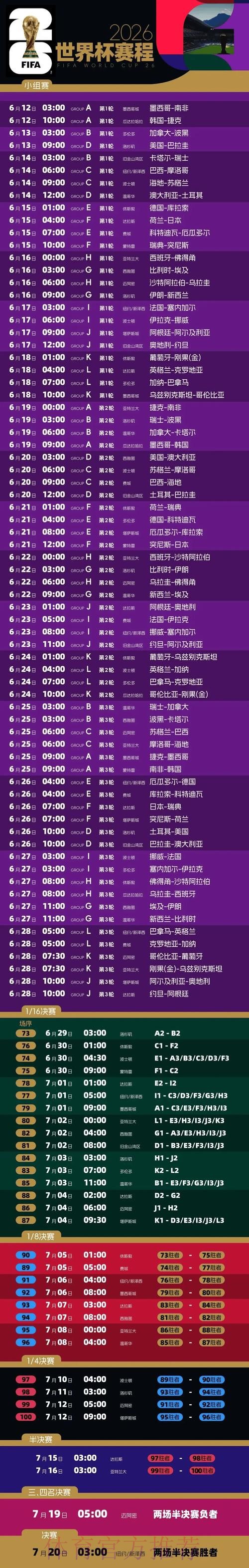 2026世界杯完整赛程完整版实时赛程官网入口